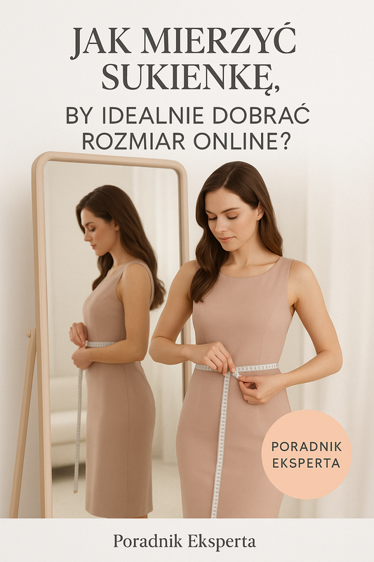 Kobieta mierząca sukienkę z miarką krawiecką - poradnik doboru rozmiaru online isukienki.com