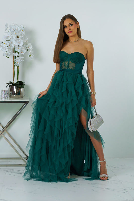 Zielona tiulowa sukienka maxi Arely na wesele z eleganckim wiązaniem i eterycznym krojem
