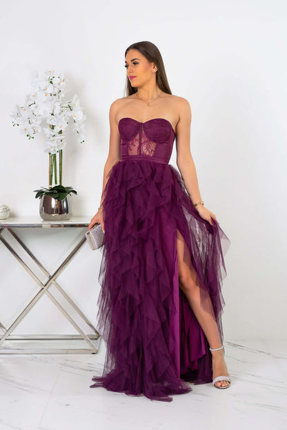 Arely - Sukienka maxi tiulowa bordowa