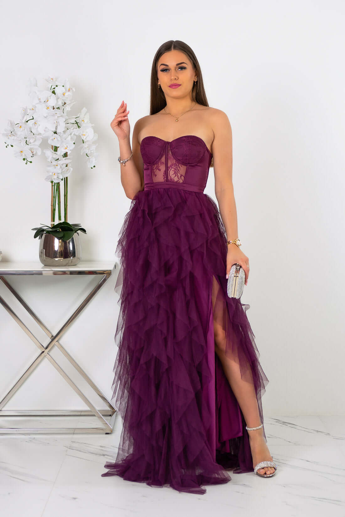 Arely - Sukienka maxi tiulowa bordowa