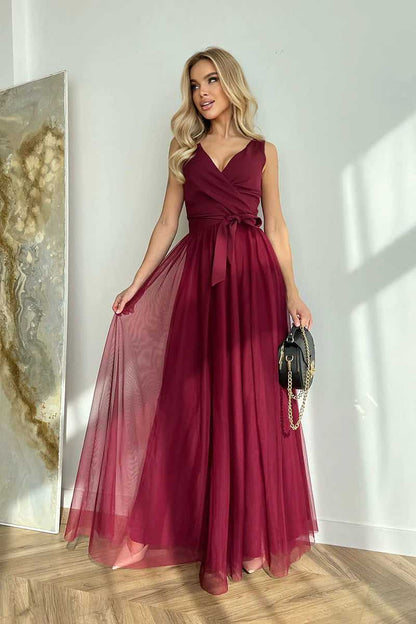 Sukienka maxi tiulowa elegancka bordowa Hazel
