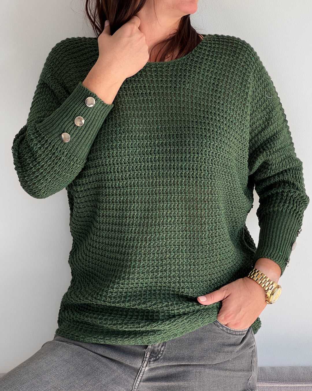 Modny Kobiecy Sweter z guzikami butelkowa zieleń