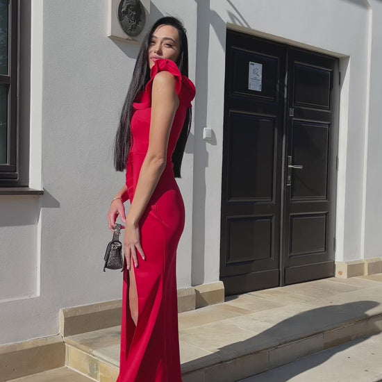 Sukienka elegancka maxi z falbanką na jedno ramię czerwona Troya