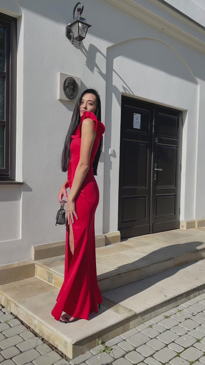 Sukienka elegancka maxi z falbanką na jedno ramię czerwona Troya