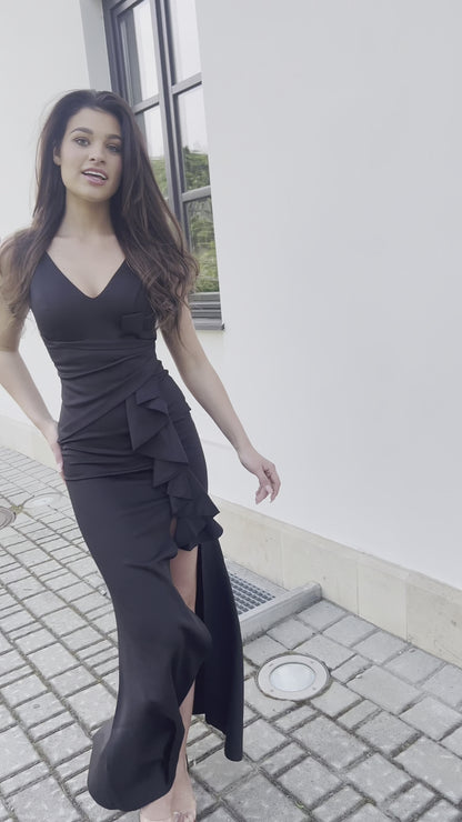 Margaret - Sukienka elegancka maxi z falbanką czarna
