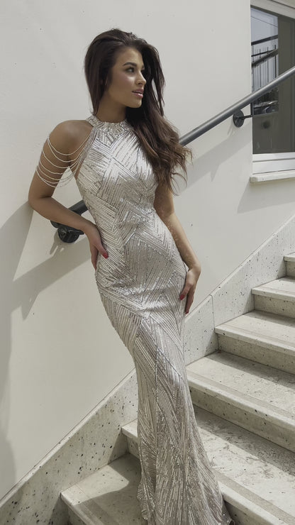 Marita bis - Sukienka cekinowa maxi z koralikami srebrna