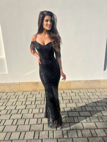 Tatiana - Sukienka cekinowa długa z frędzlami czarna