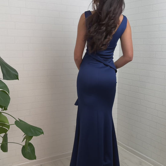 Monia - Sukienka elegancka maxi z falbanką granatowa